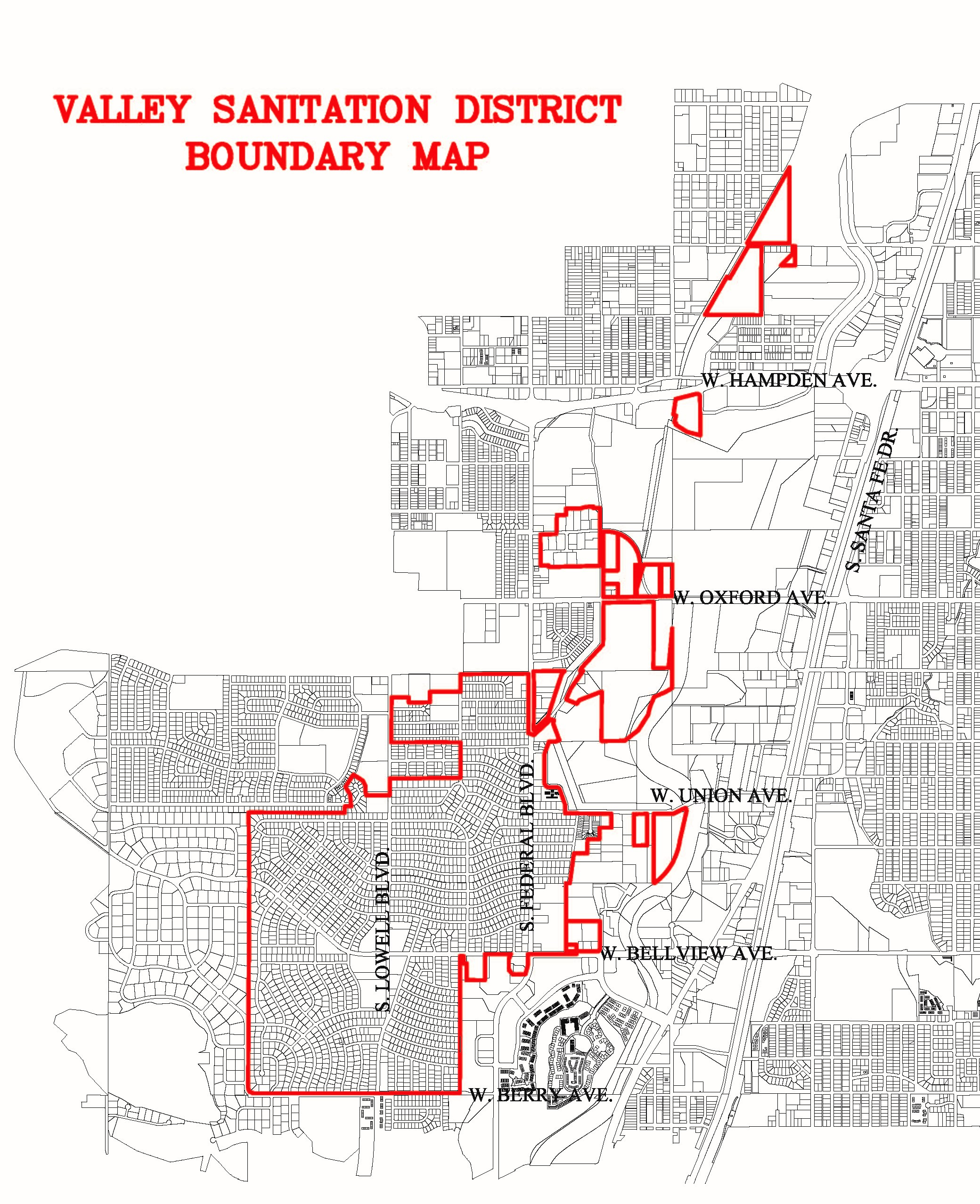 Valley District Boundary Map -   Valley Sanitation District provides wastewater collection services to approximately 2,500 residences and businesses in western Arapahoe and southern Denver Counties. To verify if you are within the district boundaries, contact the office at 303-979-2333 or info@valleysanitation.org. 
