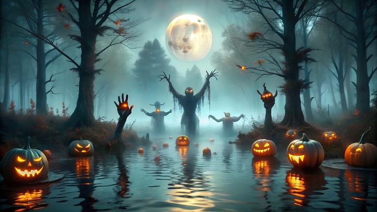 Halloween monsters and jack o lanterns in a forest.