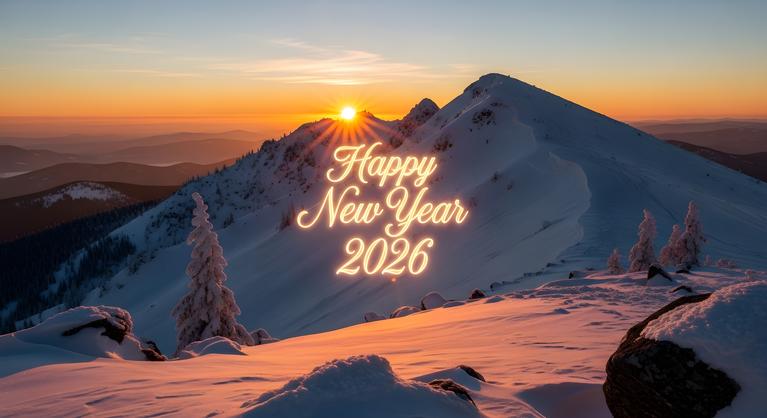 Happy New Year 2026 with a snowy mountain background.