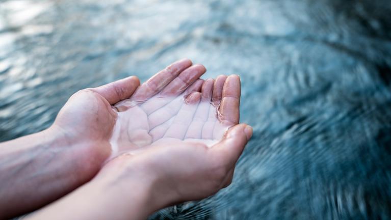 Hands holding water from a clear stream.